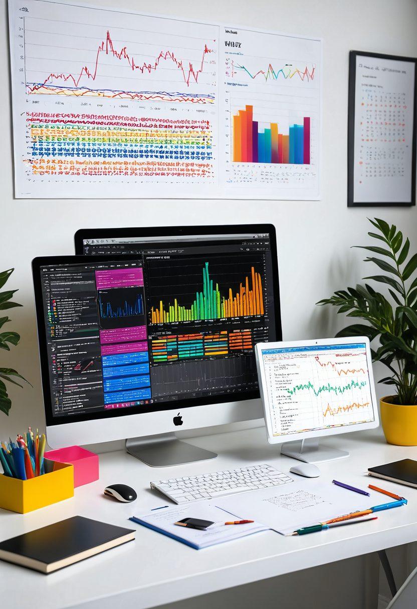 A visually appealing workspace showcasing a computer screen displaying AWK coding snippets, surrounded by books on data processing and a notepad filled with notes. Include an overlay of colorful data visualizations and graphs emanating from the screen, symbolizing transformation and growth in data processing skills. super-realistic. vibrant colors. white background.