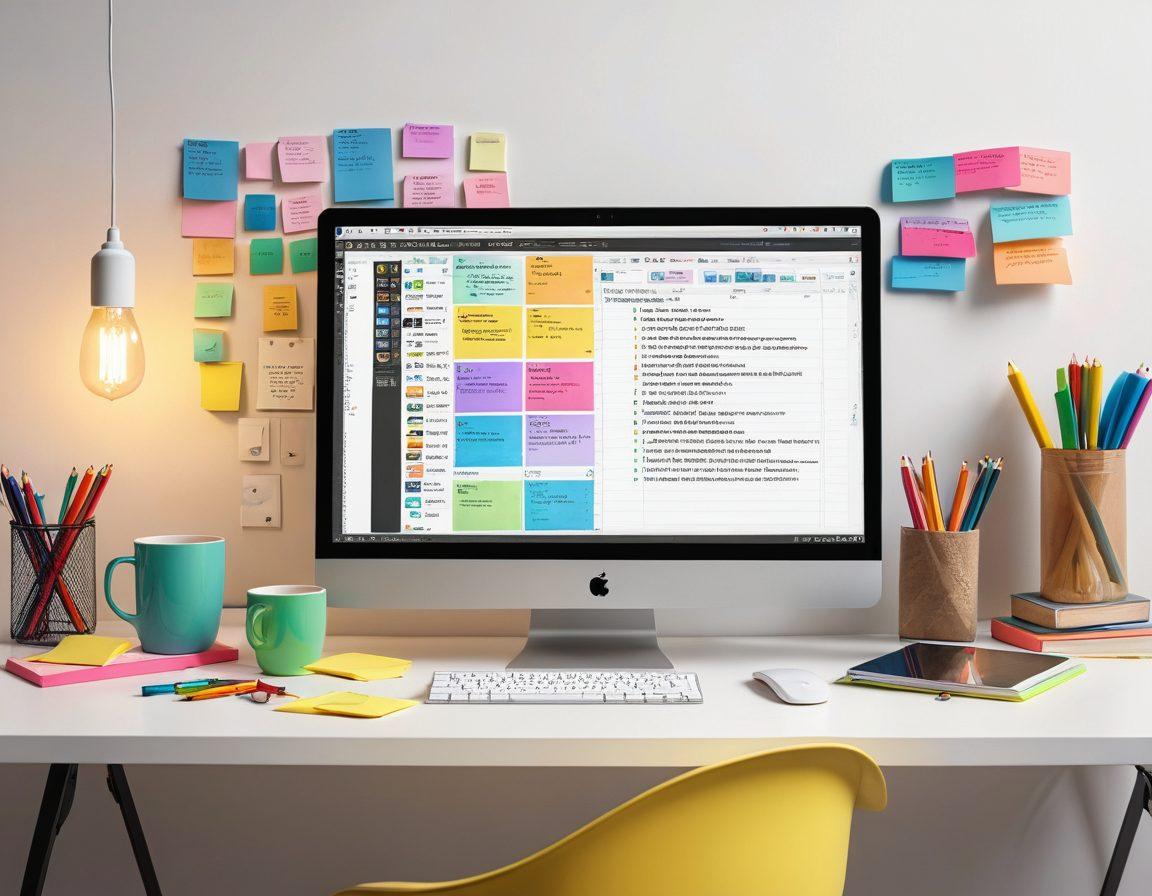 A visually engaging workspace featuring a computer screen displaying an AWK code tutorial, surrounded by notebooks, coffee mugs, and sticky notes. Include elements that symbolize learning, like light bulbs and gears, to reflect the journey from beginner to pro. Use a bright and inviting color palette to create an atmosphere of inspiration and productivity. super-realistic. vibrant colors. white background.