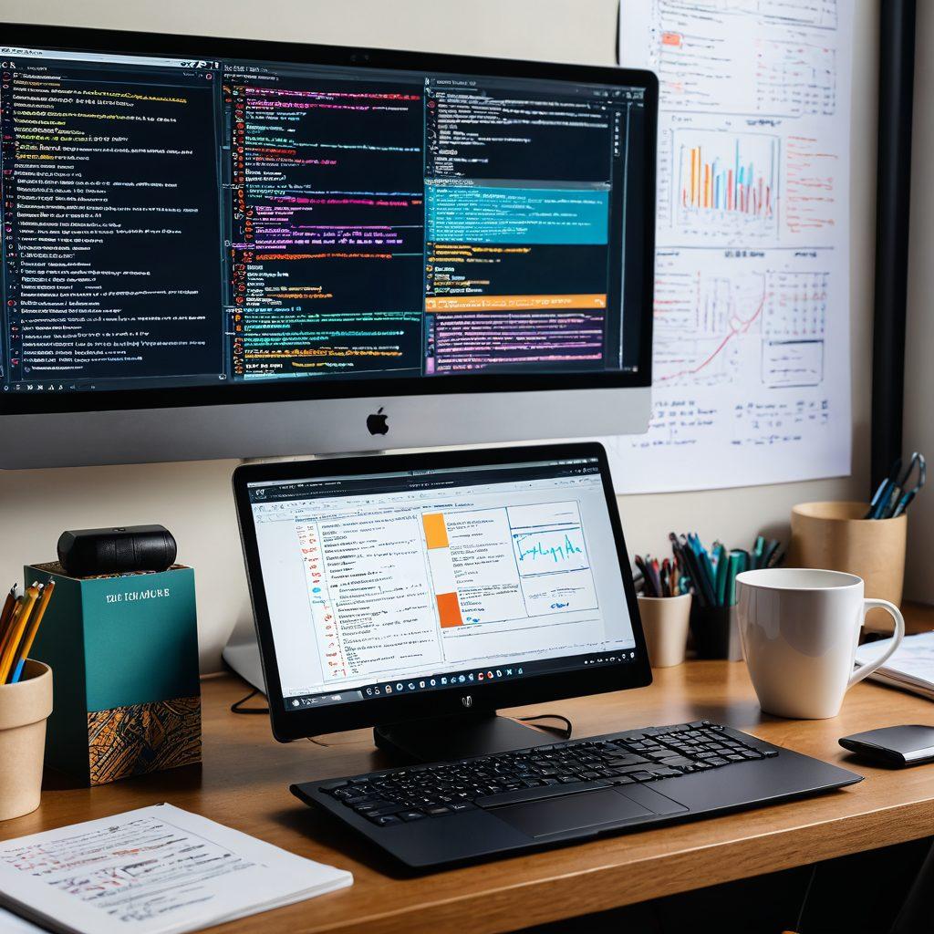 A close-up of a computer screen displaying complex AWK scripts, surrounded by open technical manuals and coffee cups. In the background, a vibrant digital flowchart illustrates data processing techniques. The setting is an organized workspace filled with programming books and notes, symbolizing mastery and learning. super-realistic. vibrant colors. 3D.